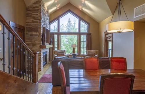 Tamarack Condo | Stunning Wood Interior Design |Natural Stone Propane Fireplace | Private Patio