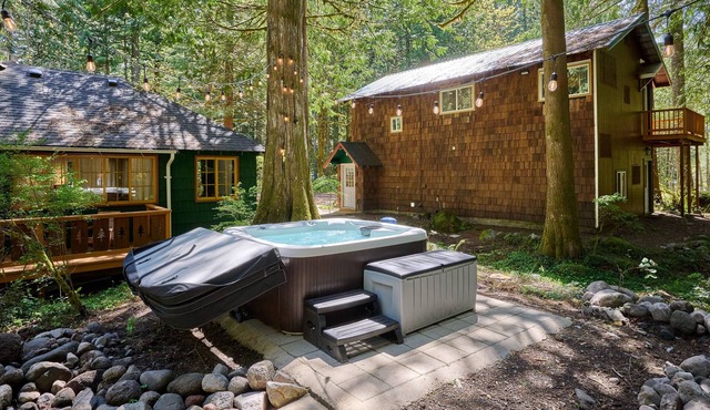 2 Cabins One Epic Getaway! 2 Hot Tub, 9 beds, Fast Wifi, AC, Pet Friendly, Creek in Rhododendron